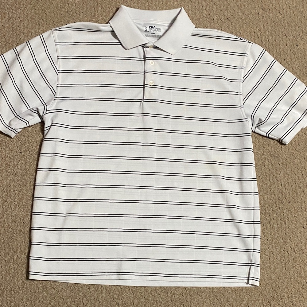 PGA Tour Men’s White Polo with Black Thin Stripes size Large
